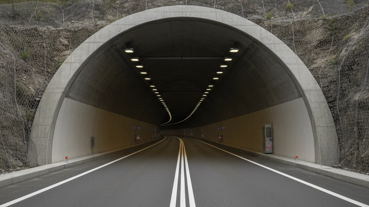 Entrada de un túnel de autopista con señalización clara e iluminación moderna.