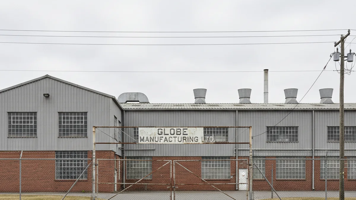 Fachada de una planta industrial con puertas cerradas, representando el cierre de una fábrica.