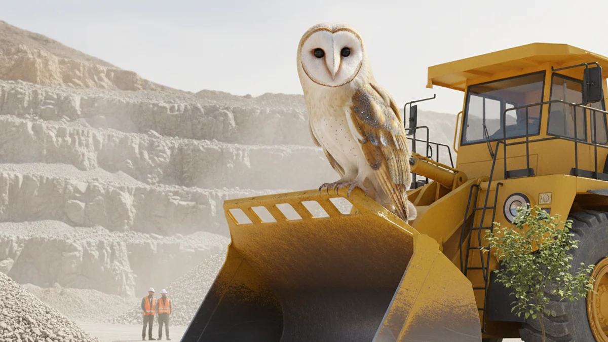 Ilustración de un búho y un camión dumper en un entorno de cantera, simbolizando la convivencia industrial y natural.