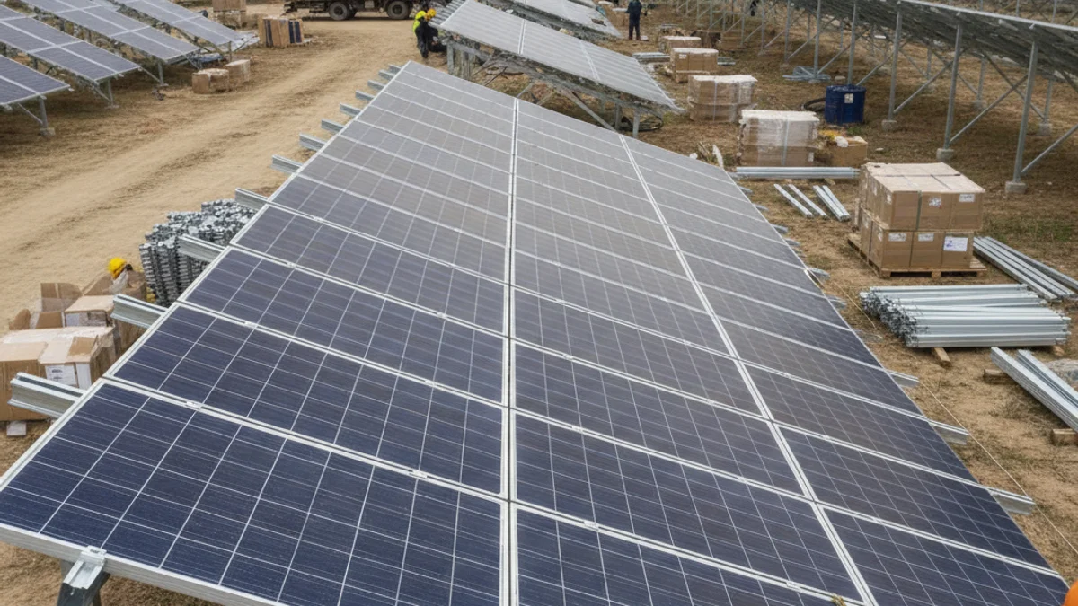 Vista de una gran extensión de paneles fotovoltaicos en un campo abierto, simbolizando la nueva instalación energética.