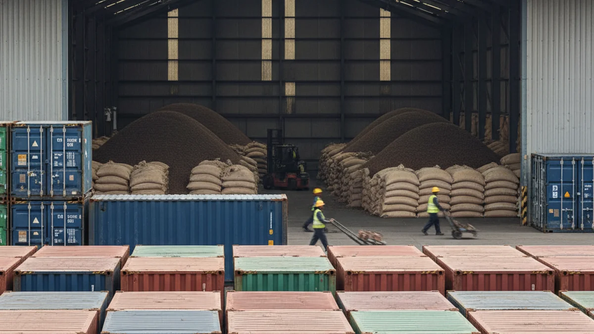 Imagen genérica de una terminal logística portuaria con contenedores y sacos de mercancías, simbolizando la importación de café.