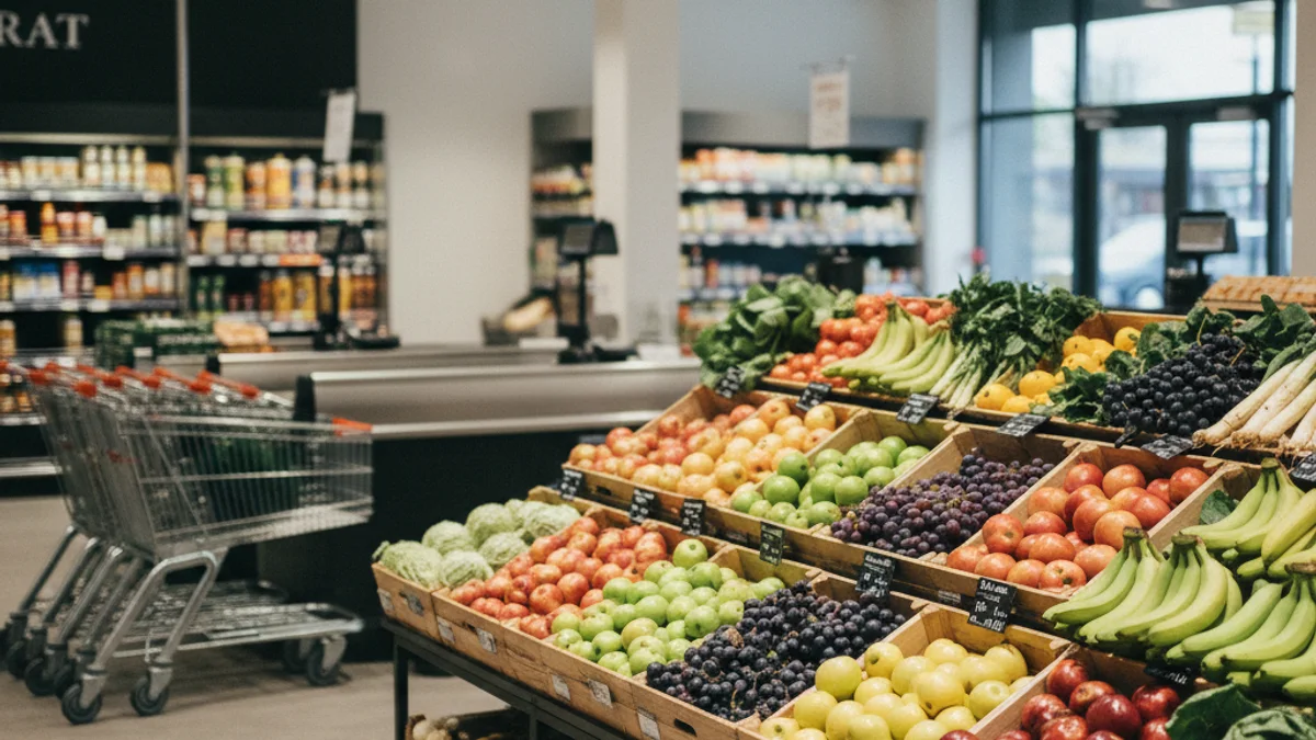 Vista interior de un supermercado moderno con estanterías llenas de productos frescos y pasillos amplios.
