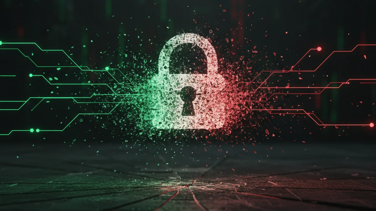 Representación abstracta de ciberseguridad, código digital fragmentado y riesgo en línea.