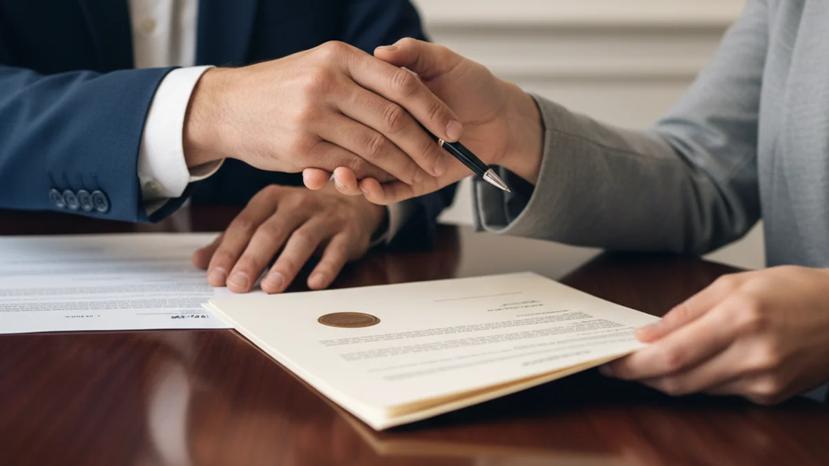 Representación de una firma de acuerdo entre dos entidades empresariales sobre una mesa de conferencias.