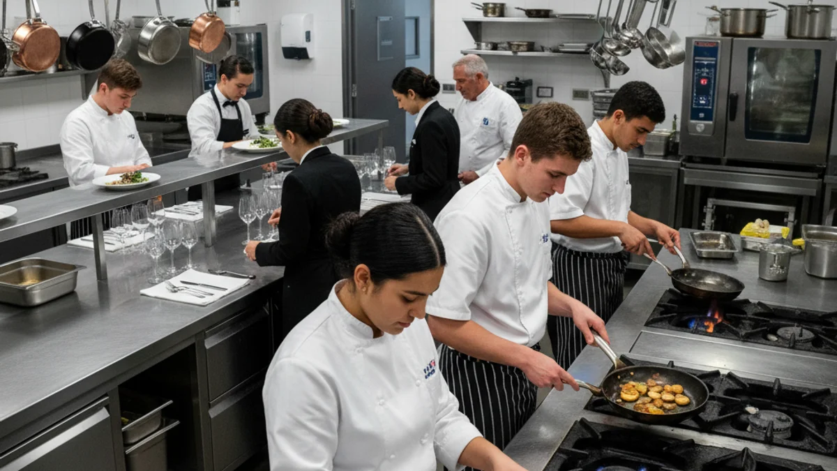 Estudiantes de la Escuela de Hostelería y Turismo CETT (UB) realizando prácticas de cocina o servicio.