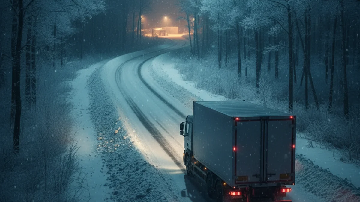 Imagen simbólica de la distribución farmacéutica durante la Nochebuena, con un camión en ruta.