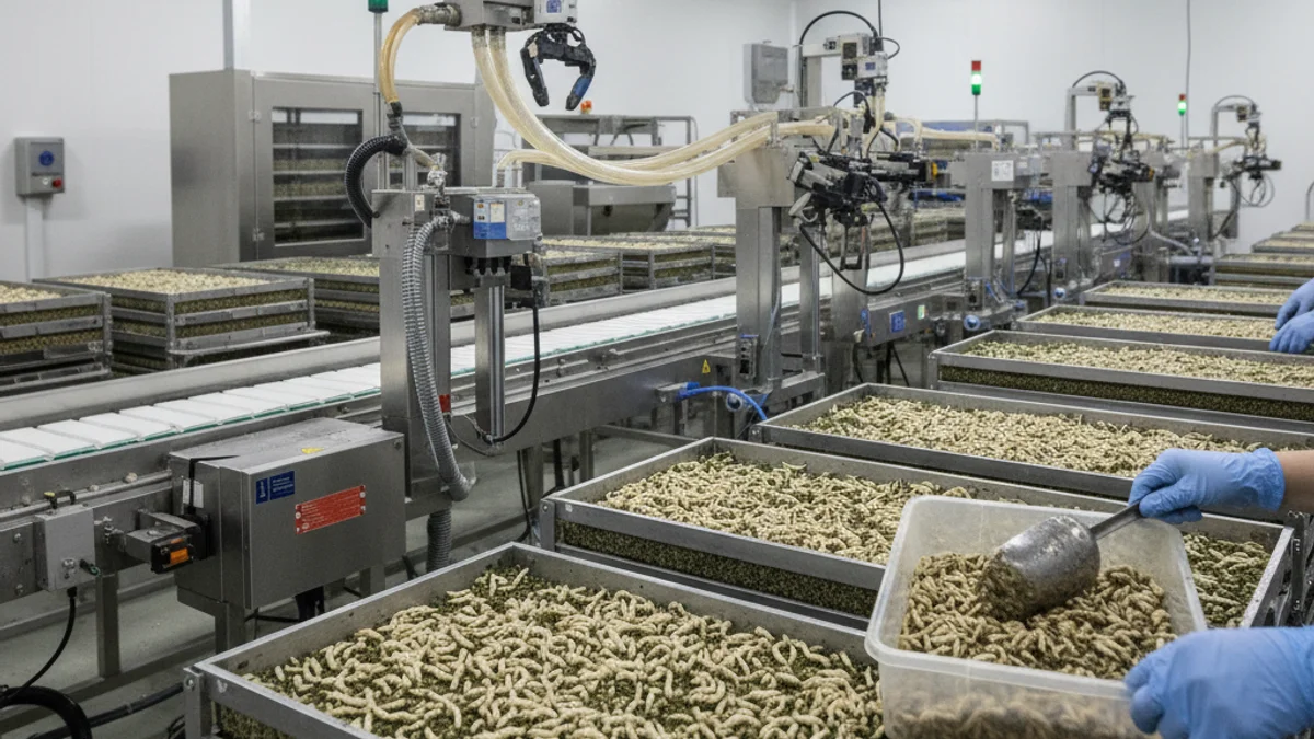 Instalación industrial de biotecnología donde se crían larvas de insectos para la producción de proteínas.