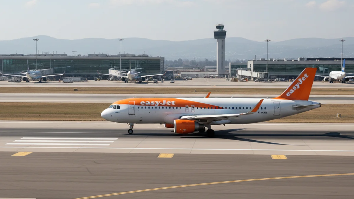 Avión de EasyJet aterrizando o despegando en un aeropuerto, con el logotipo visible.