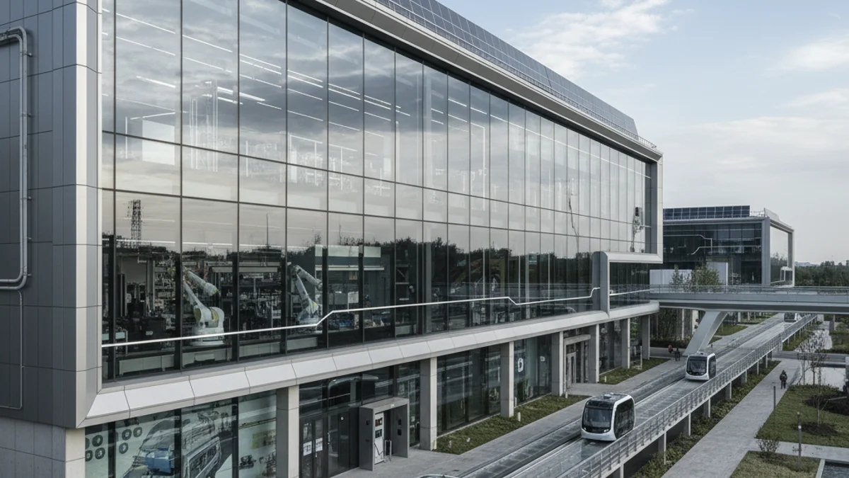 Fachada moderna de un centro de innovación industrial con grandes ventanales y diseño futurista.