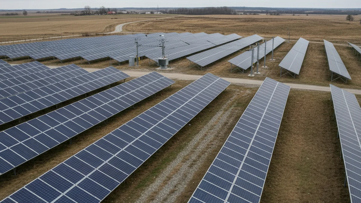 Paneles solares fotovoltaicos en un campo, simbolizando la generación de energía renovable y la transición energética.