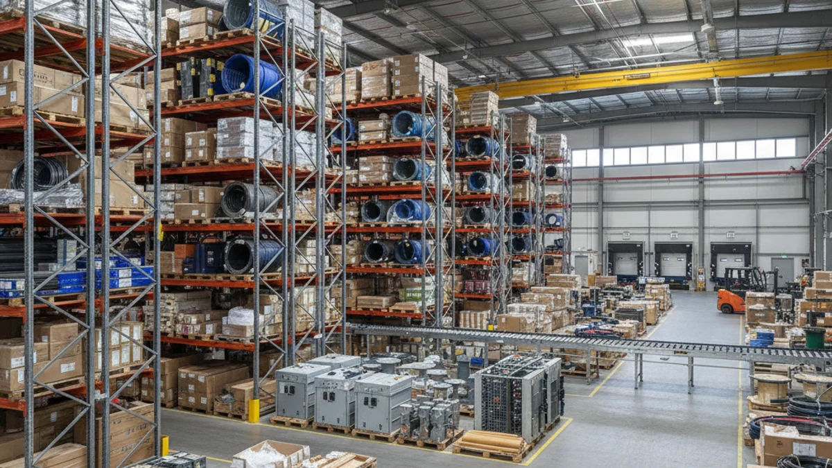 Fachada de un gran centro de distribución de material eléctrico con camiones de carga y descarga.