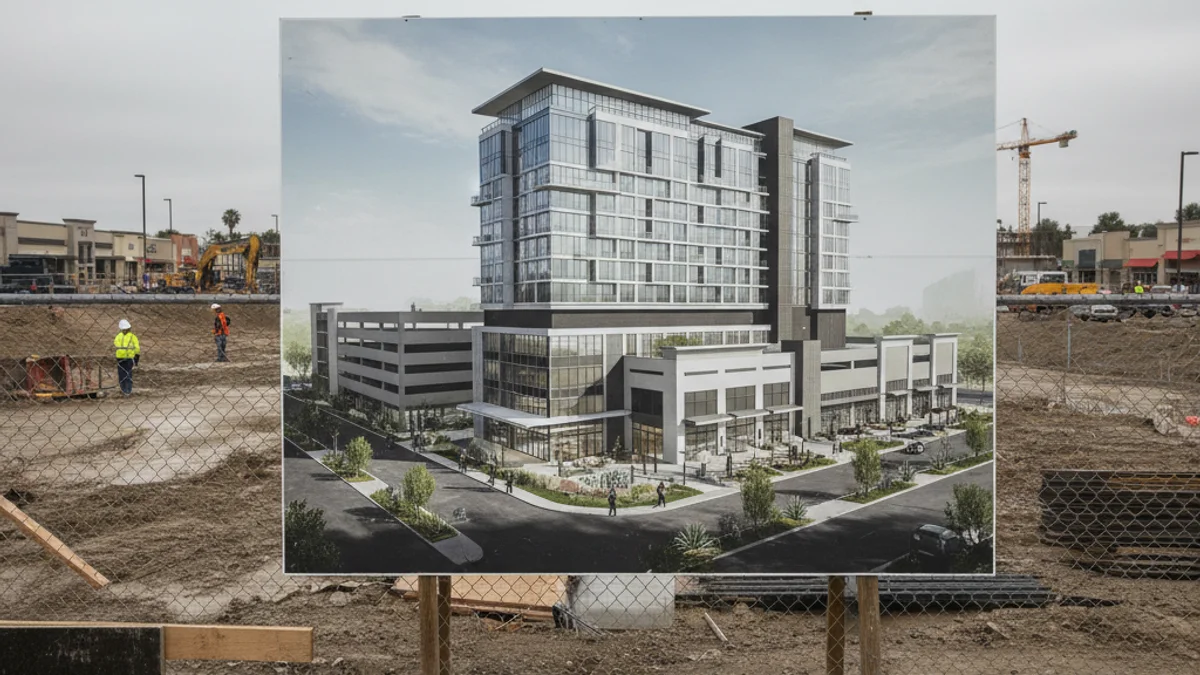 Renderización arquitectónica de un hotel moderno en una zona comercial suburbana.