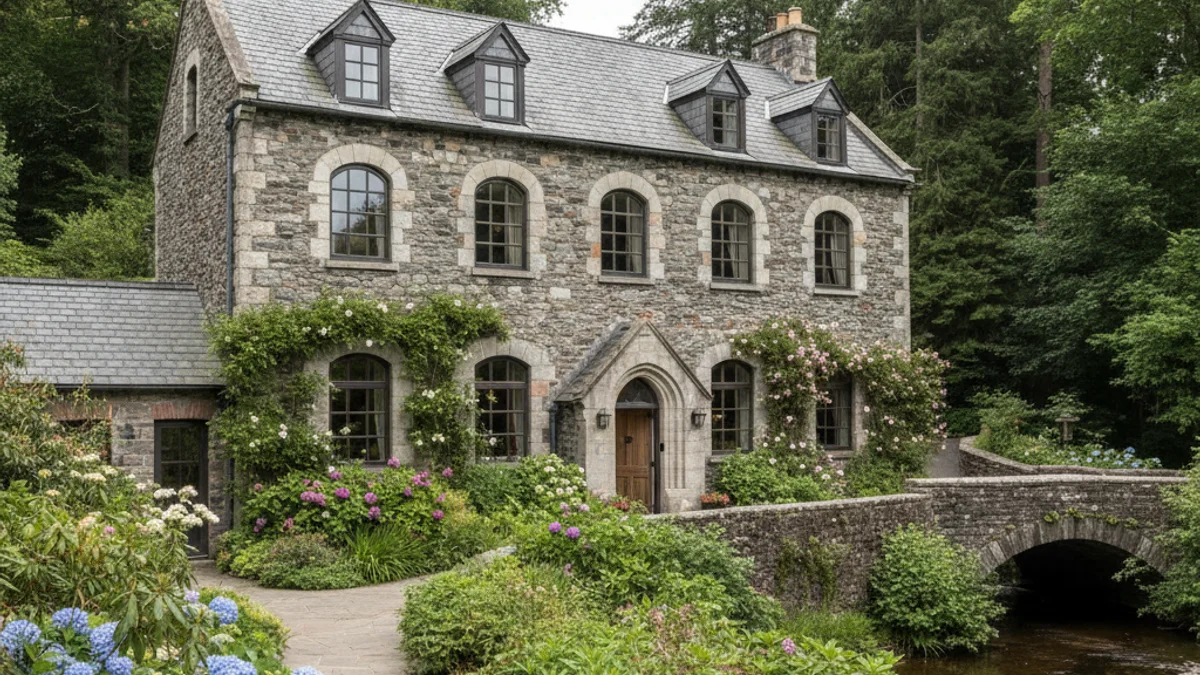 Imagen de un antiguo edificio de piedra restaurado rodeado de vegetación, con una piscina exterior.