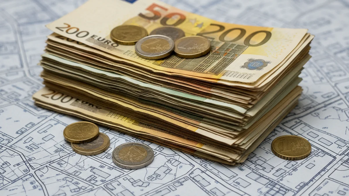 Monedas de euro y billetes sobre un plano de vivienda, simbolizando la compra de un piso con el premio de lotería.