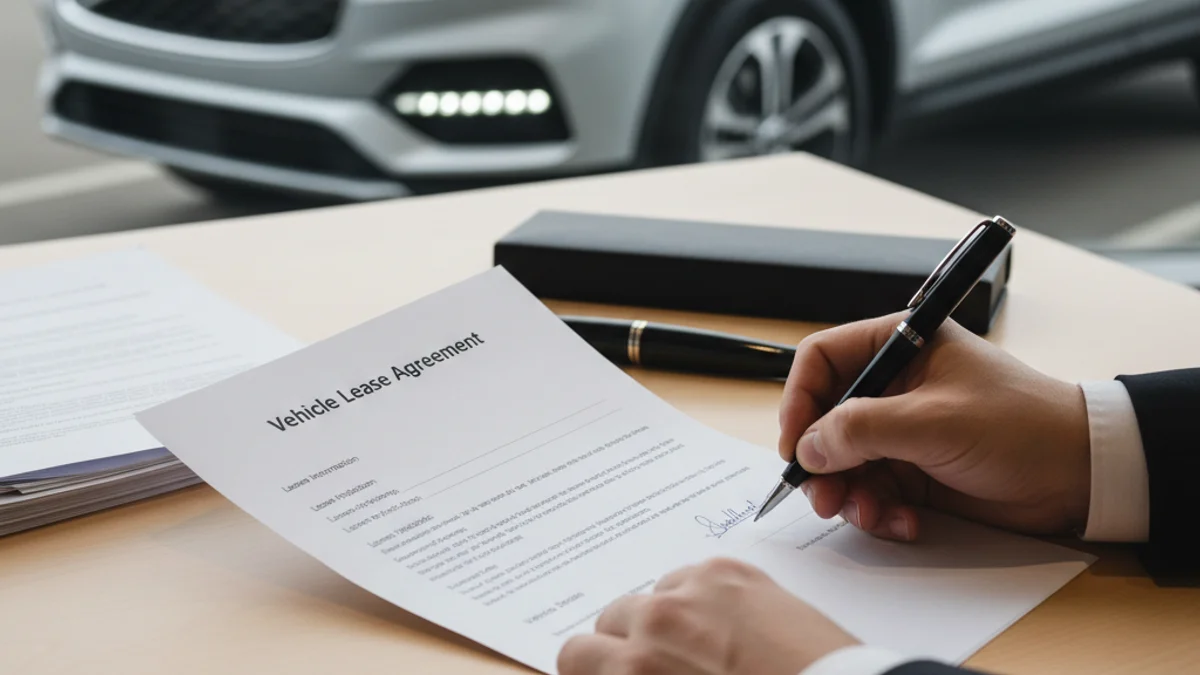 Una persona firmando un contrato de renting de vehículos con un coche moderno al fondo, en Barcelona.