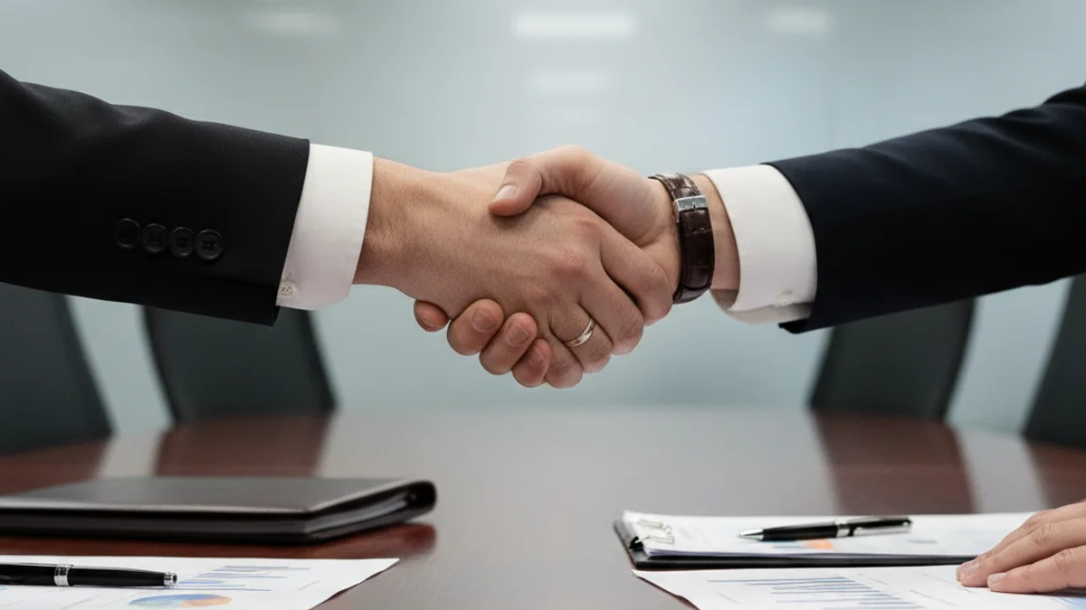Imagen genérica de manos cerrando un acuerdo sobre una mesa de madera en una reunión de negocios.