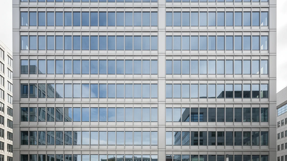 Fachada moderna de un edificio corporativo con ventanas de cristal reflejando el cielo azul de Barcelona.