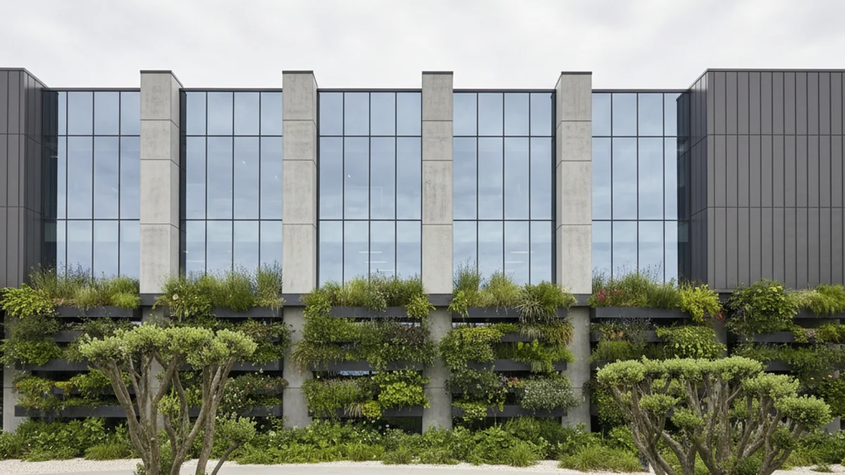Vista de un polígono industrial moderno con edificios de oficinas y áreas verdes en la un representant Brava.