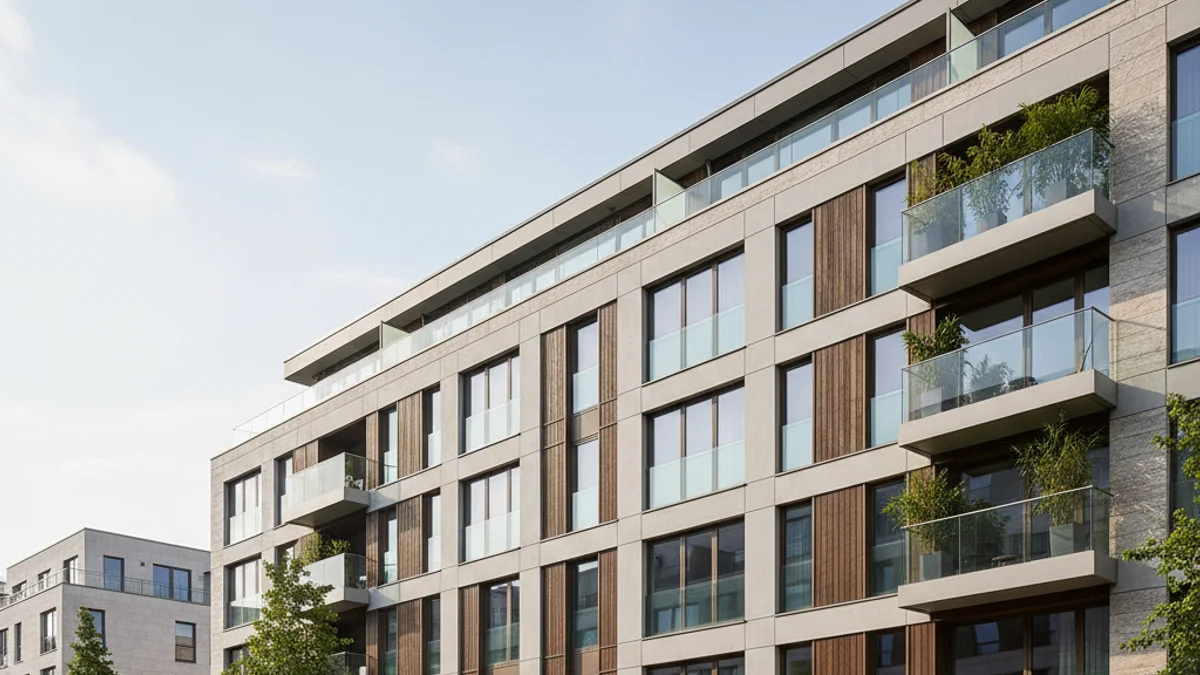 Fachada de un edificio de apartamentos de lujo con balcones y cristales en el Eixample de Barcelona.