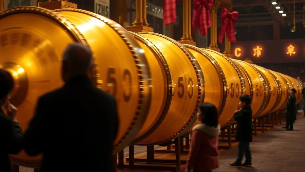 Bombos de la Lotería de Navidad girando durante el sorteo anual en el teatro, símbolo de la esperanza.