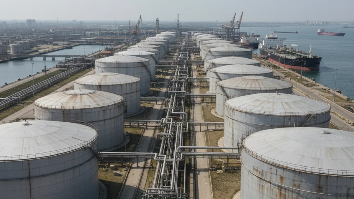 Vista genérica de una terminal de almacenamiento de combustible con grandes tanques y tuberías.