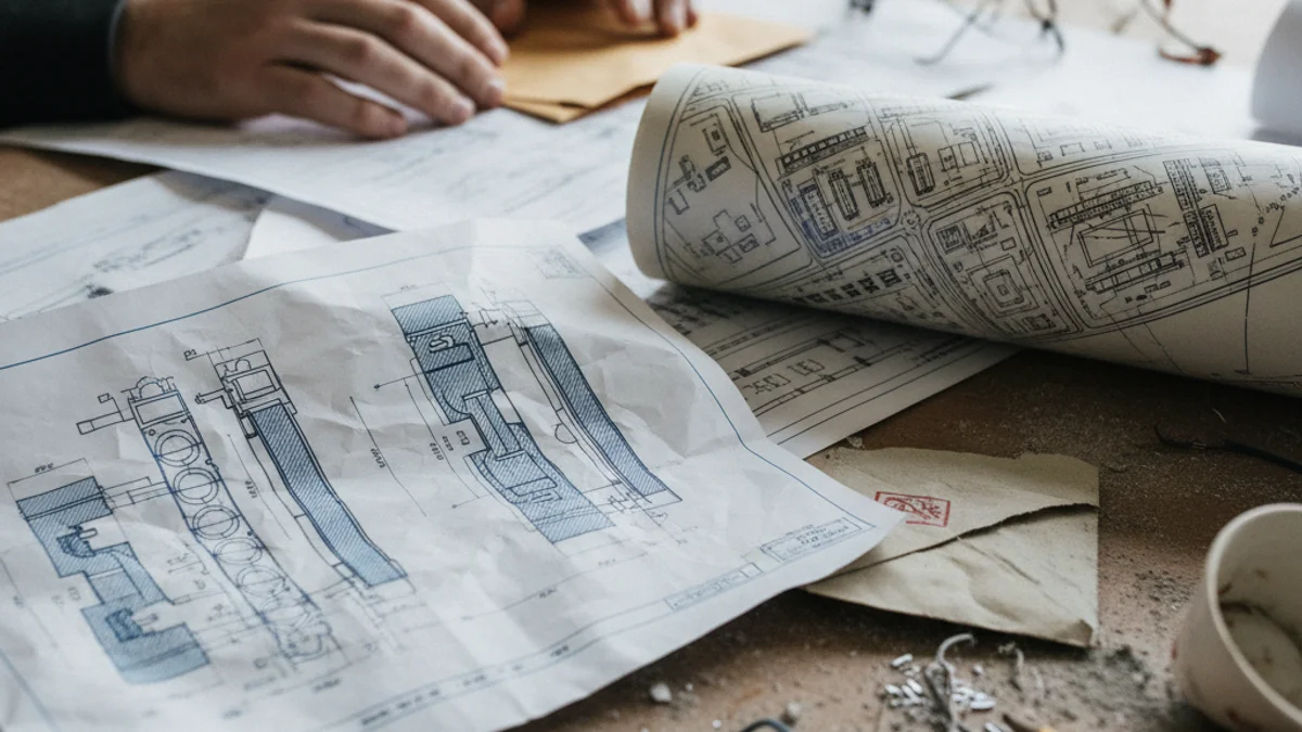 Representación visual de componentes de baterías o planos industriales descartados.