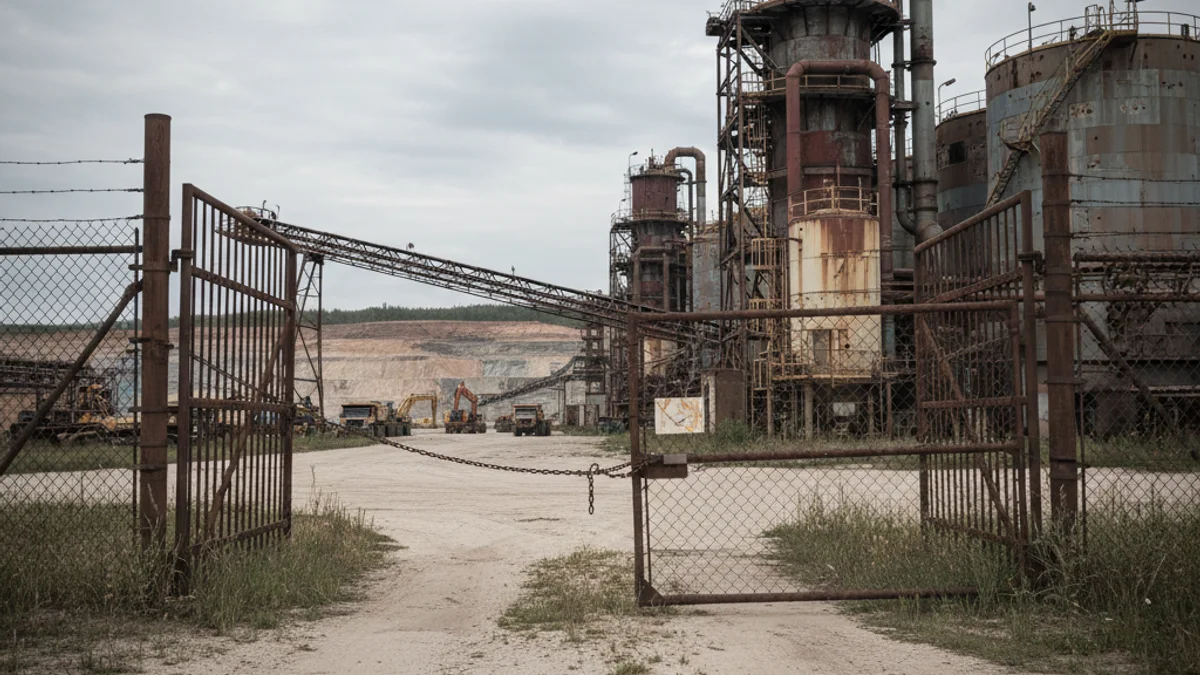 Representación genérica de una planta industrial moderna o un proyecto de inversión suspendido, con maquinaria detenida.