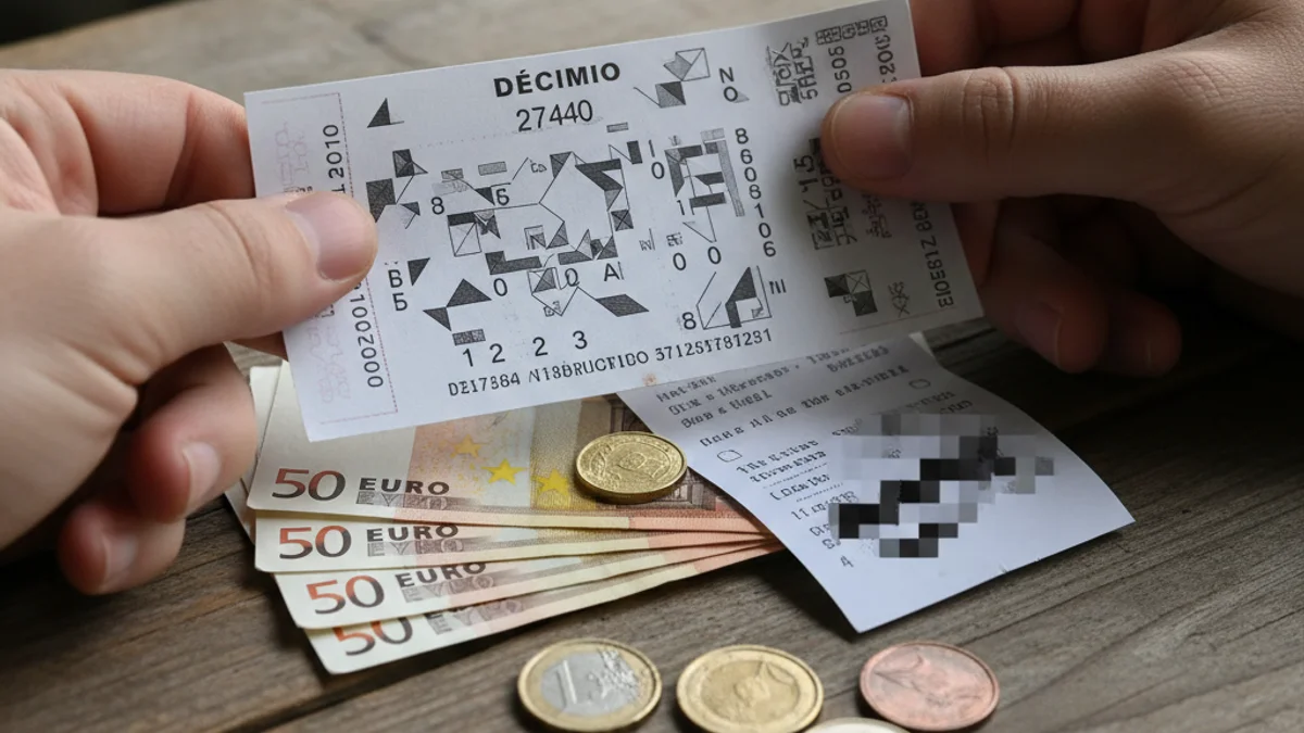 Una mano sosteniendo un décimo de lotería con una pila de monedas y billetes en segundo plano, simbolizando la tributación.