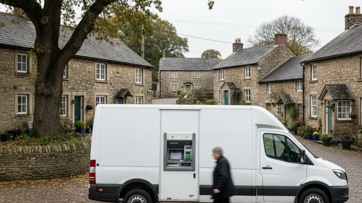 Furgoneta de banca móvil aparcada en una plaza rural, ofreciendo servicios financieros en zonas sin oficinas.