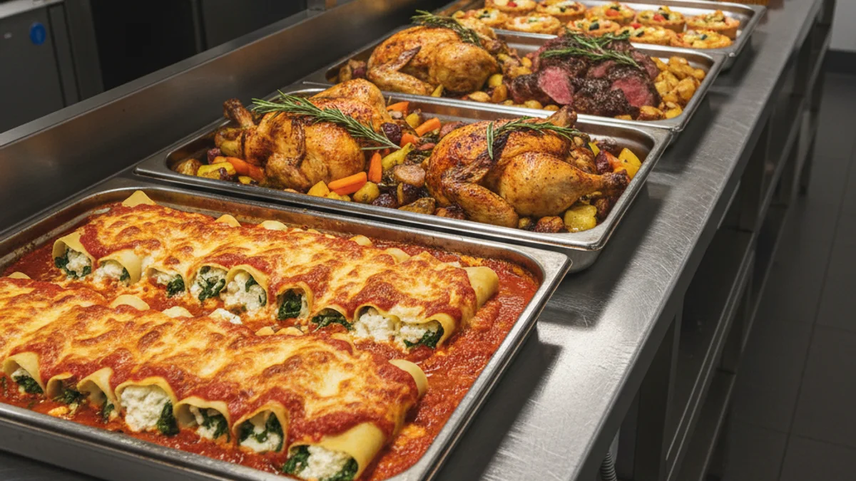 Bandejas de canelones artesanales preparados para la venta en una carnicería de barrio.