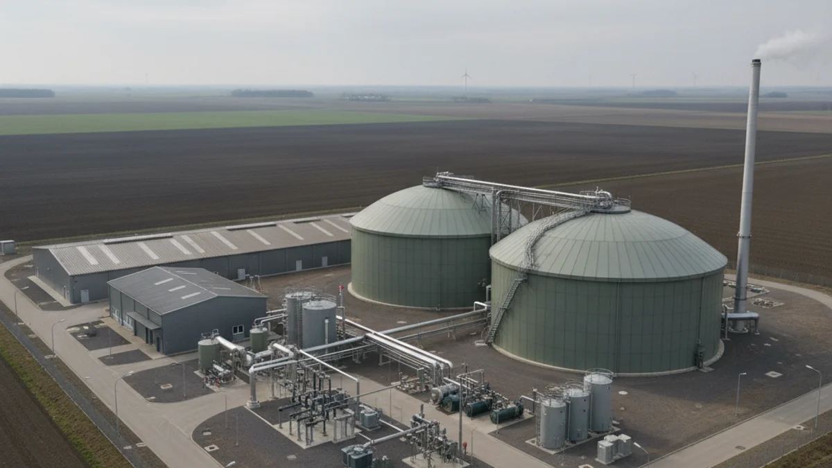 Vista de una planta de biogás industrial con tanques de fermentación y tuberías en un entorno rural.