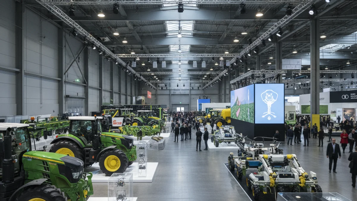 Vista de un stand moderno en una feria de agricultura con maquinaria y tecnología expuesta.