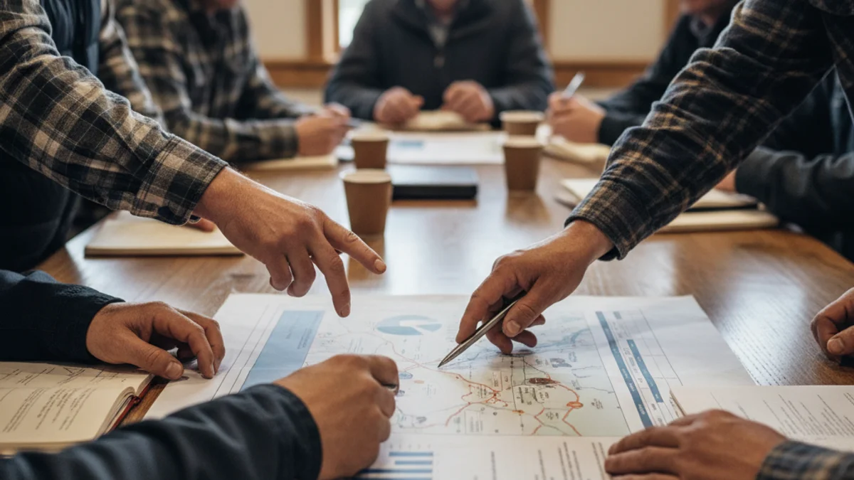 Imagen genérica de una reunión de trabajadores del sector ganadero o de una granja porcina vacía.