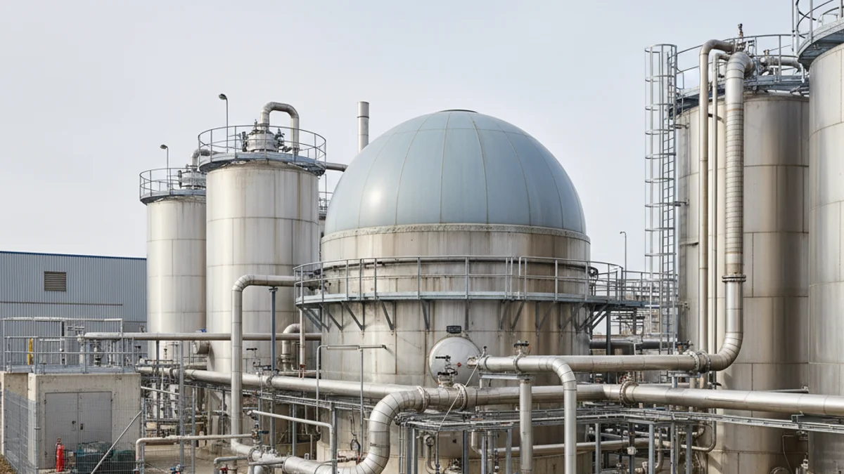 Vista genérica de una planta industrial de tratamiento de residuos o biogás, con tanques y tuberías.