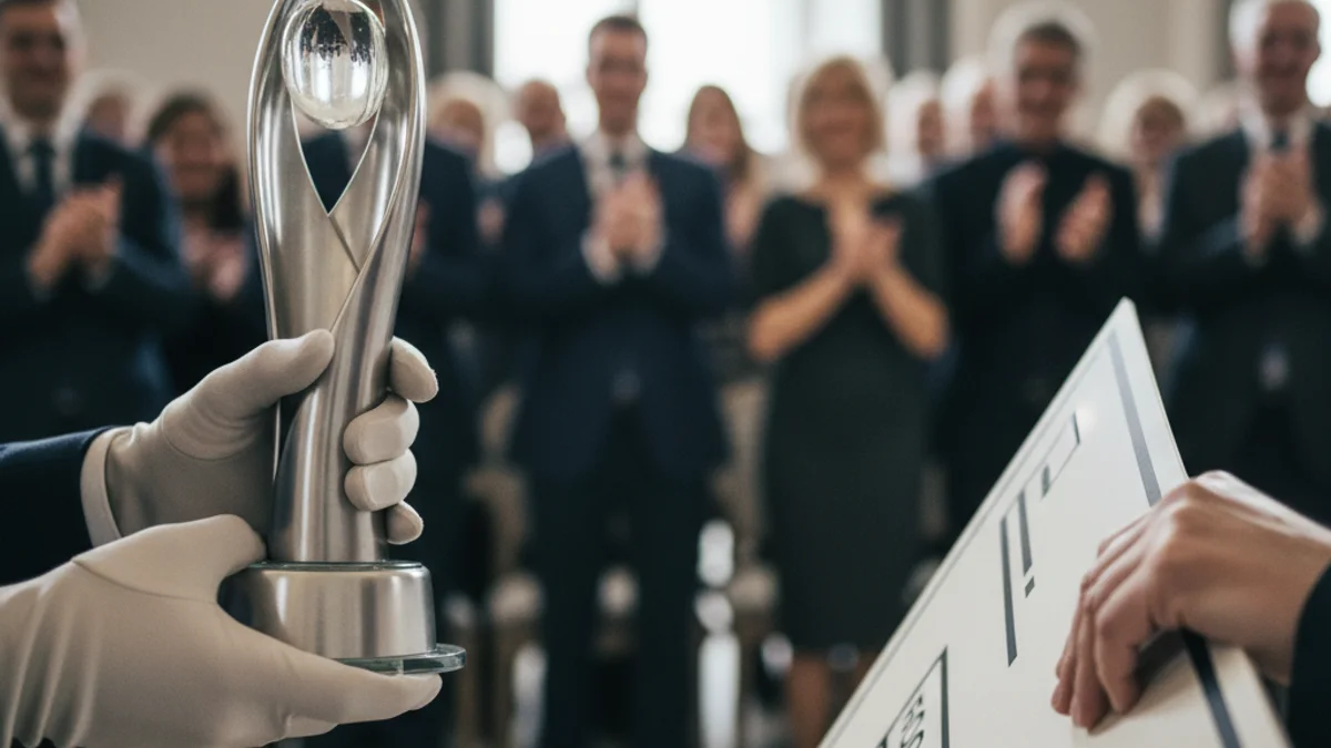 Imagen genérica de un acto de entrega de premios empresariales, con figuras borrosas y un trofeo.