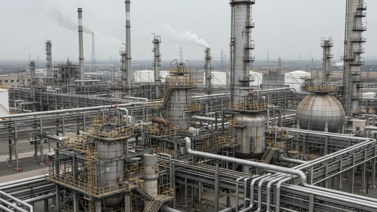 Vista de las instalaciones de una planta petroquímica en Tarragona con tuberías y estructuras industriales.