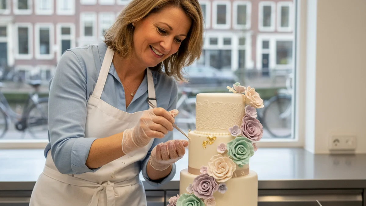 Lauren de Vries en su estudio de pastelería Casa de Pastel en Barcelona, rodeada de pasteles creativos.