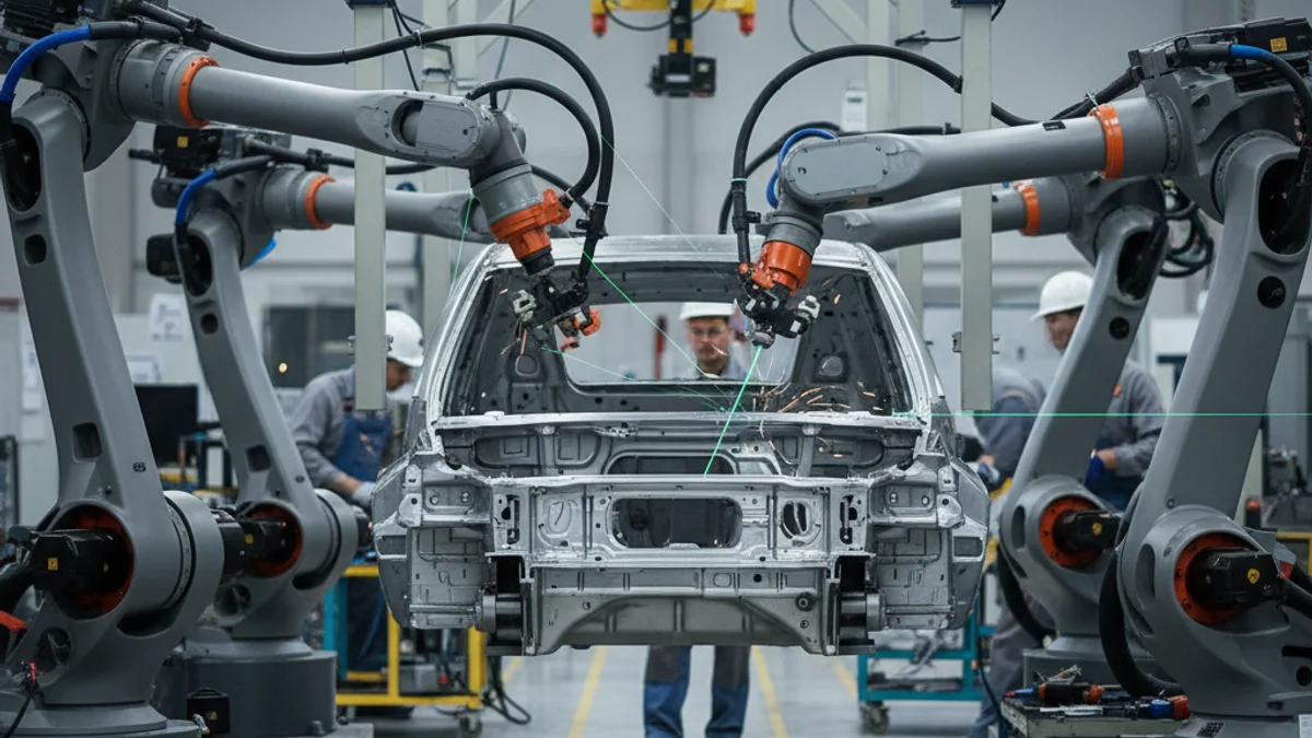 Vista interior de una planta de ensamblaje de automóviles moderna, con robots trabajando en un chasis de vehículo eléctrico.