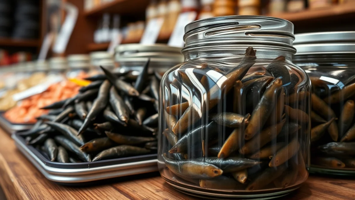 Producto alimentario gourmet envasado, con un fondo que sugiere una tienda especializada o delicatessen.