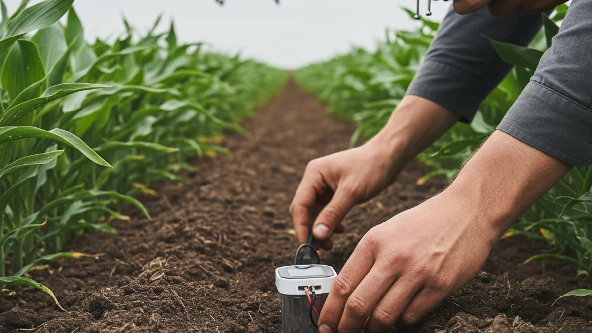 Imagen genérica de un campo de cultivo con sensores o tecnología de riego, simbolizando la agricultura de precisión.