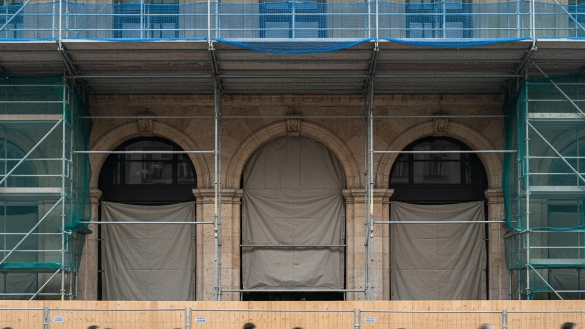 Imagen de una fachada de edificio histórico en una zona comercial con andamios y protecciones, indicando obras de reforma.