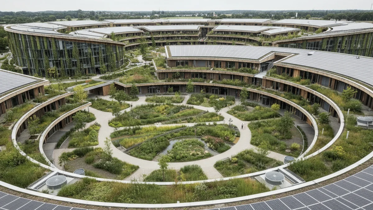 Vista de un edificio moderno con elementos de diseño circular y gestión energética en un polígono industrial.