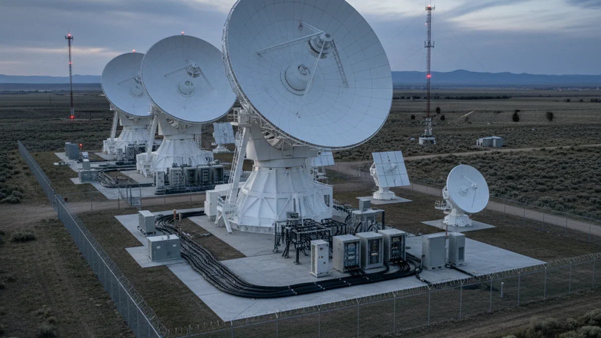 Vista genérica de antenas parabólicas o equipamiento de comunicación espacial en un entorno rural.