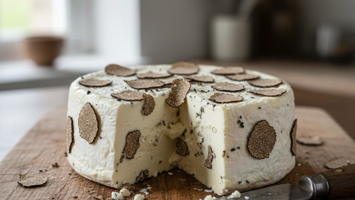 Primer plano de un queso de cabra trufado, con trufa de verano visible en la pasta.