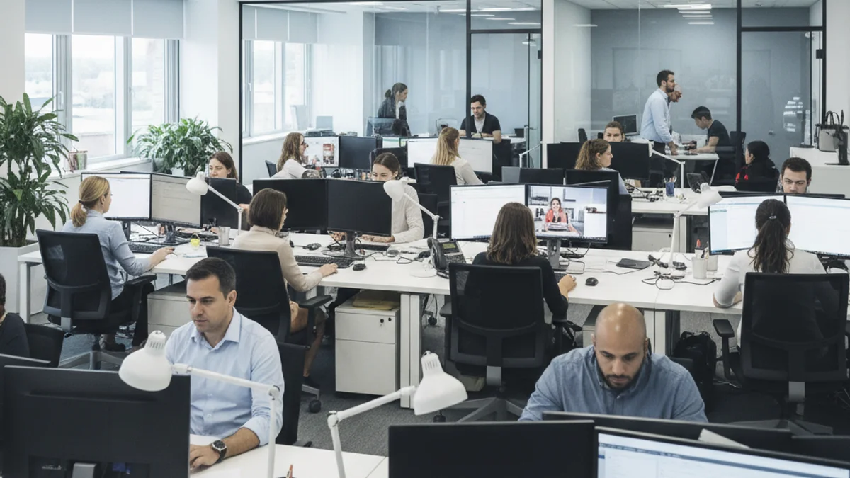 Imagen genérica de una oficina moderna o un centro de servicios con empleados.