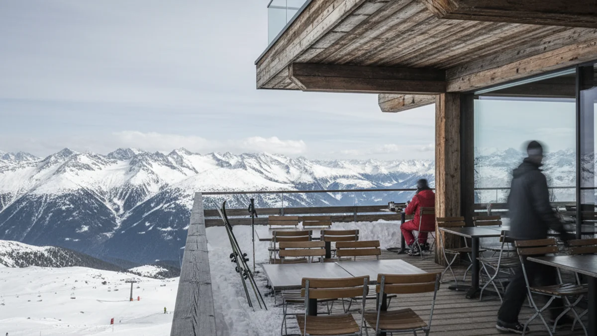 Vista genérica de una terraza de restaurante moderna en una estación de esquí de alta montaña, con nieve al fondo.