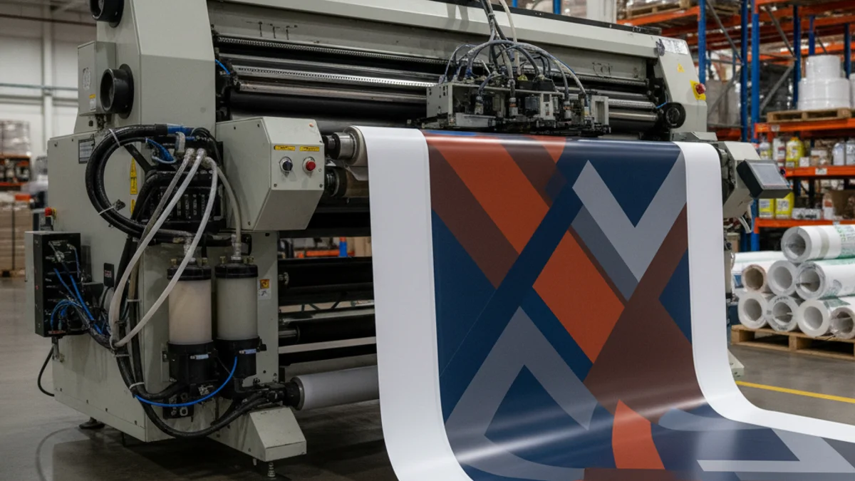 Equipo de impresión digital de gran formato en un entorno industrial con materiales flexibles.