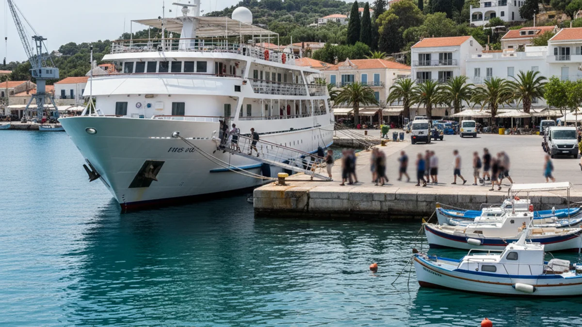 Imagen genérica de un crucero pequeño atracado en un puerto mediterráneo con turistas desembarcando.