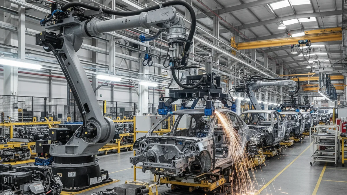 Vista genérica de una fábrica de automóviles moderna o una línea de montaje de vehículos.