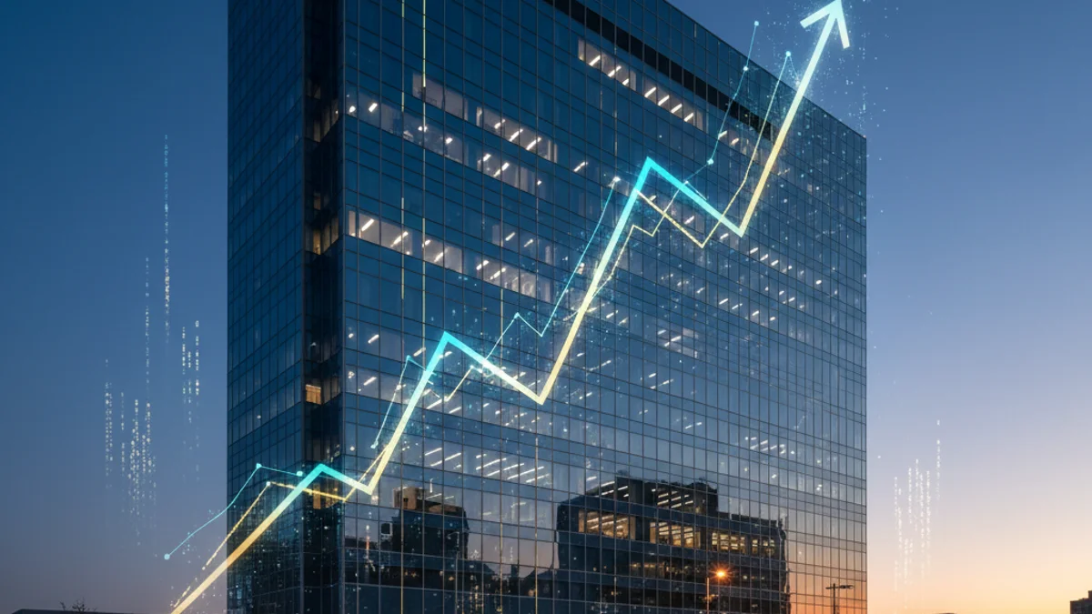 Gráfico abstracto de barras ascendentes representando el aumento salarial en un entorno urbano de oficinas.
